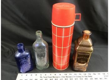 3 Antique Glass Bottles And Thermos, Milk Of Magnesia, Cod Liver Oil, Berrings Bitters