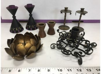 8 Various Brass, Wood, Metal Candleholders