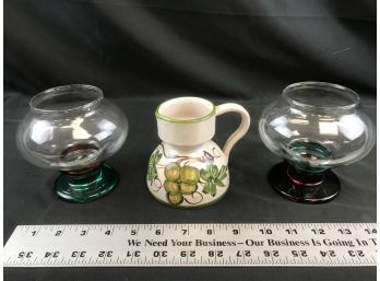 2 Red And Green Glass Colored Base Candleholders And Pottery Decorated Candle Stick Holder