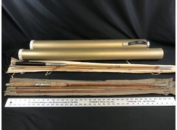 2 Vintage Wood Fly Fishing Poles, Four Piece, With Covers And Plastic Tube