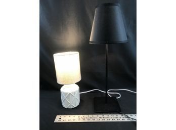 2 Table Lamps, White 13 Inches Tall, Black 22 Inches Tall, Nice Condition, Works