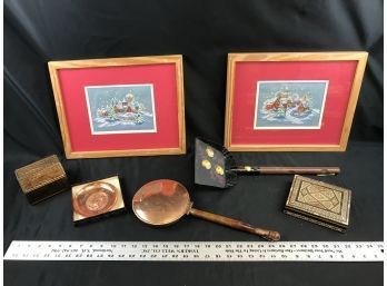 2 Pictures, Copper Pan And Tray, Wood And Metal Box