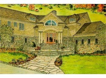 Chaz Shulman Pen & Ink Watercolor Of House With Turkeys In Yard