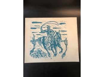 Robert White Eagle, Turquoise Cowboy 1980 Block  Print. Original Pencil Signed