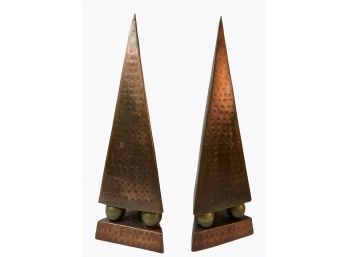 Pair Of 15 Inch Triangular Ball Footed Copper & Brass Bookends