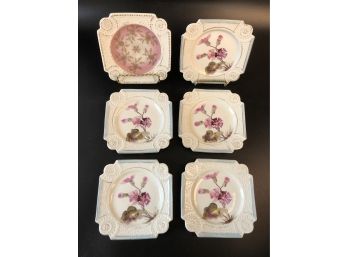 6 19th Century Aesthetic Movement Handpainted Square Scalloped Plates