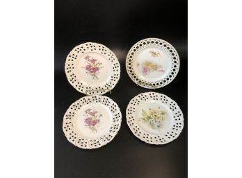 4 19th Century Hand Painted Reticulated Floral Plates