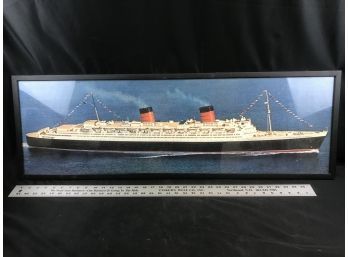 Framed Picture Of Queen Elizabeth Ship, 40 Inches Long By 13 Inches High