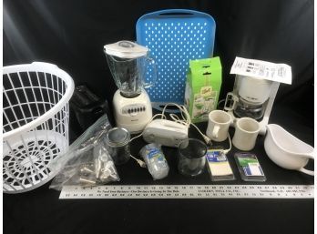 Various Kitchen Appliances, Housewares, In White Plastic Laundry Bin