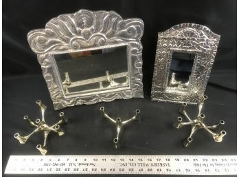 2 Silver Metal Standing Mirrors And 5 Multi Tiered Candle Hokders