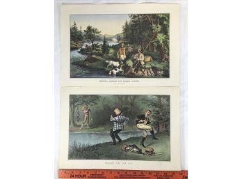 Lot Of 10 Vintage Currier & Ives Calendar Page Litho Reprint Fishing Hunting Dog