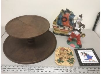 Wood Platter And 4 Ceramic Decorations