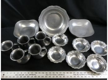 Lot Of Pewter Like Metal Bowls, Dishes, Cups