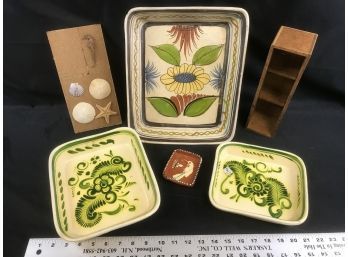 4 Ceramic Trays, Wood Box