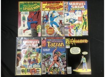 6 Vintage Comics 1980s, Spider-Man, Marvel Saga, Tarzan, Excalibur,See Pics