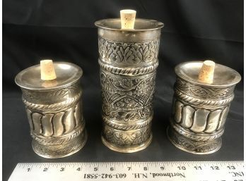 3 Mexican Design Silver Colored Candle Holders