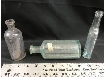 3 Antique Glass Bottles, Atwoods Jaundice Bitters Georgetown Mass, Castoria,