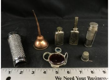 Lot Of Miniature Containers, Grater, Oil Can, Thimble