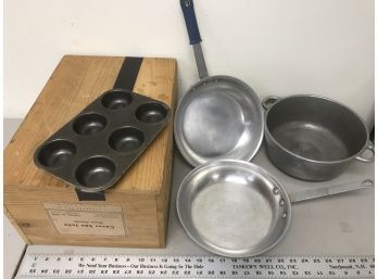 Wood Box With 2 Wearever #4010 Skillets, Olmo  La Paella Pot, Muffin Pan, Pasta Perfect, Salt And Pepper Shake
