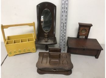 Vintage Wood Boxes And Candle Holder With Mirror