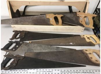 7 Vintage Wood Saws, Disston And Stanley, Bow Saw, 30 Inch Wooden Toolbox