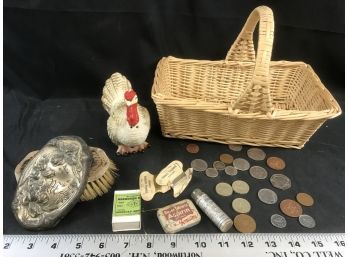 Lot Of Foreign Coins, Old Brush, Vintage Items With Basket