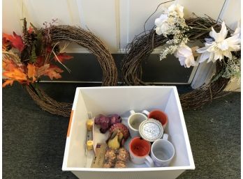 2 Wreaths, Turkey Candle, Mugs, Pearl Frame, Decorations In White Plastic Bin