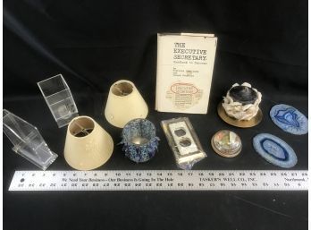 Miscellaneous Lot, Rock Paper Weights, Candle, Shades, Plastic Holders