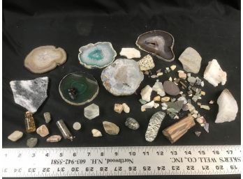 Assortment Of Rocks,  Crystal Geode 3.5 Inches, Petrified Wood, Fools Gold?