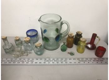 Lot Of Colored And Clear Glass Bottles, Large Heavy Glass Pitcher