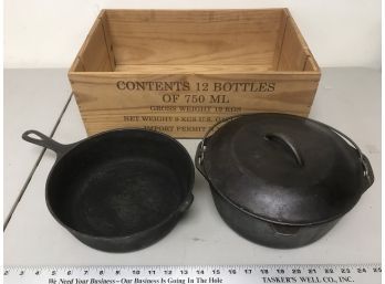 Cast Iron Wagner Ware  Sydney #8 Deep Pan, Crock Pot With Lid And Handle, With Wood Box