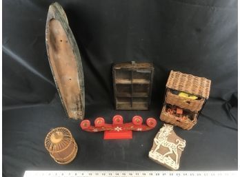 Lot Of Decorative Wood Items, Old Ship, Tray With Glass, Candle Holder Made In Sweden, Mini Wicker Basket