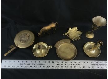 Assortment Of Brass Items, Horse, Candleholder, Crumb Tray