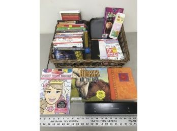 Wicker Basket With DVDs, Books, CDs, Three Hole Punch