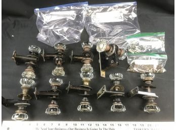 9 Antique Door Knob Sets With Crystal Knobs, 12 Latch Plates, Bagger Original Screws