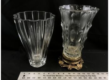 2 Large Glass Vases, One With Metal Stand