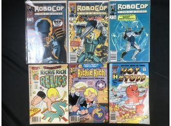 6 Vintage Comics 1980s, Robo Cop, Richie Rich, Hot Stuff, See Pics