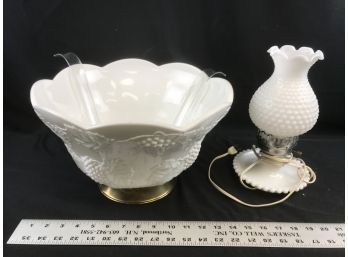 Large Milk Glass Punch Bowl And Milk Glass Lamp