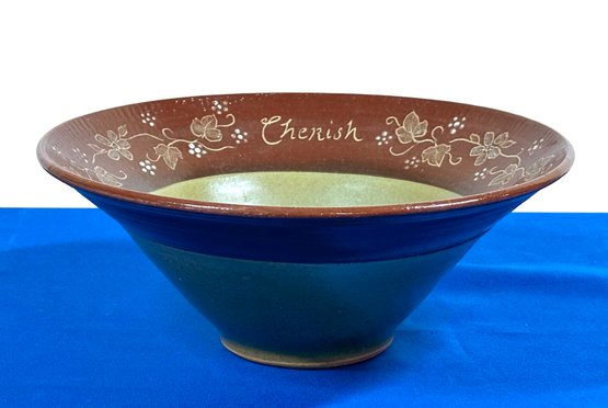 Lot 331- Country Signed Pottery Bowl - Love - Cherish - Honor - Stoneware Leaf Vine Decor