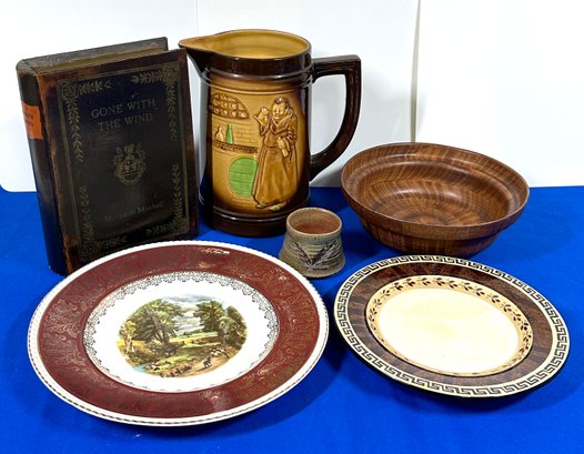 Lot 335- Decorative Pottery Lot - Monk Pitcher - Wood Book - Solianware Simpsons Potters England - Stoneware