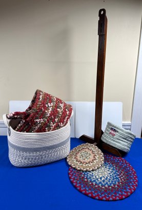 Lot 339- Braided Rug Making! Country Braided Lot Pads And Bins - Vintage 35' Wood Braiding Stand