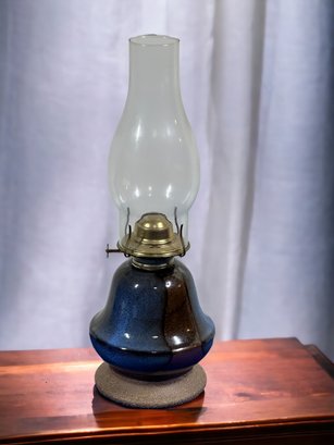 Lot 340- Country Rustic Stoneware Pottery Kerosene Lantern With Glass Globe