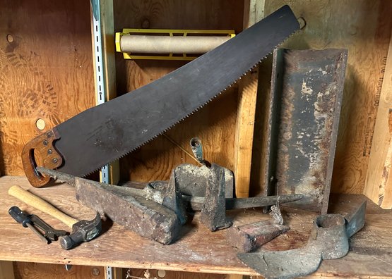 Lot 384SHED - Vintage Metal Lot Salvage - Railroad Tie - Antique Hand Saw - Axe Heads - Primitive Tools