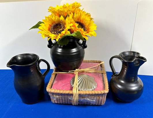 Lot 413 - Prinknash - Black Pottery Signed Pitchers - Sunflowers - Napkin Wicker Basket - Made In England