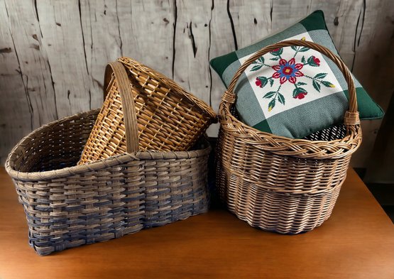 Lot 418 - Rustic Country Large Basket Lot With Folk Art Needlepoint Pillow