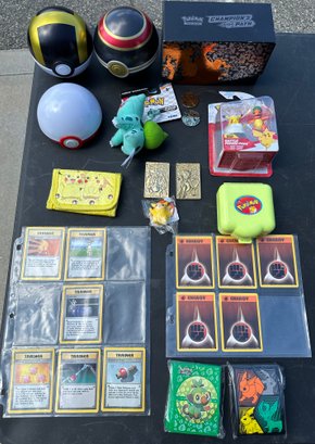 Lot 627- Pokemon Cards - Tin Balls - Accessories Toy Lot - Mewtwo - Charizard Fire Gold Metal Card