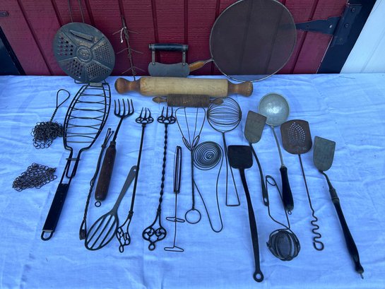 Lot 404- Primitive Kitchen Lot - 24 Pieces - Metal Rustic Utensils Whisks - Antique Toasting Forks Rolling Pin