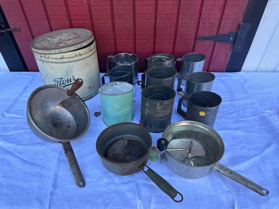 Lot 424- Flour Tin With Sifters - 13 Piece Lot - All Sizes & Types - Antique Country Kitchen Decor