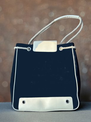 Lot 326SES- Sturdy Navy Blue Canvas Tote With White Vinyl Accents And Rope Handles - Nautical Purse