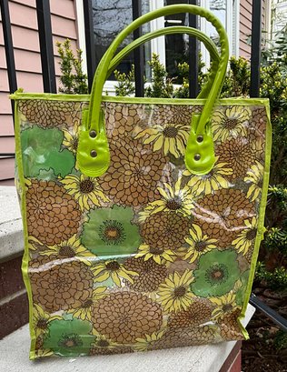 Lot 92- 1960s Clear Tote Bag With Green - Brown - Sun Flowers - Vintage Sunflowers